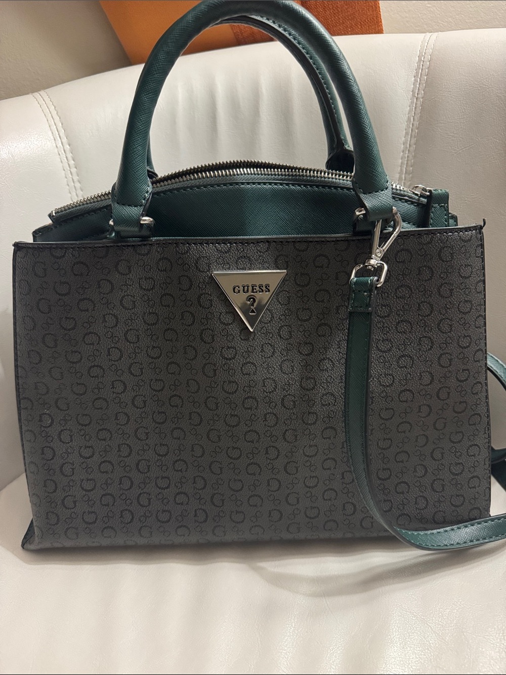 GUESS Gray Monogram Satchel with Green Trim and Strap